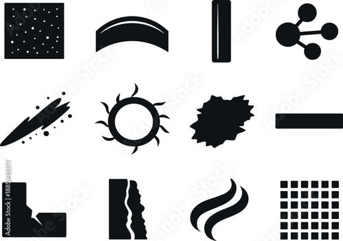 Image Generation. Solid vector icons of old-book aroma: paper grain tile, aged page arc, glue spine line, subtle patina node, dust