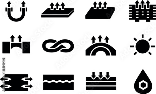 Image Generation. Solid vector icons of thermal transfer: heat pipe, vapor chamber, conduction plate, fin stack, thermal bridge,