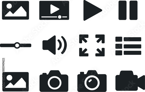 Image Generation. Solid vector icons of mobile app media interface: image gallery, video player, play button, pause button,