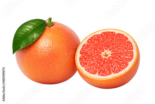 Fresh red grapefruit whole fruit with a green leaf and a transversal slice revealing its juicy pulp, on transparent background