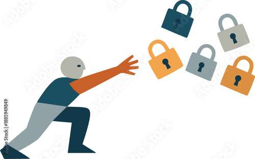 Single abstract geometric figure reaches toward multiple drifting locks showing rising tension and loss of control within online