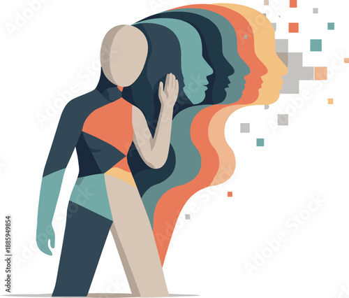 Abstract geometric human figure partially merges with layered profile shapes representing loss of boundaries caused by digital