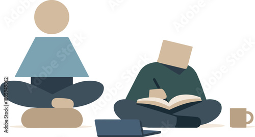 Calm abstract geometric figure stands beside one grounded device reframing multitasking student surrounded by devices into