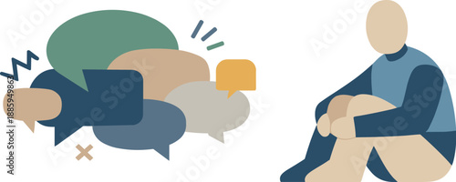 Abstract geometric human figure surrounded by overlapping speech bubble shapes expressing digital communication noise in quiet