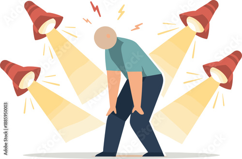 Geometric Tension Illustration. Single abstract geometric figure leans between multiple bright spotlight icons conveying rising