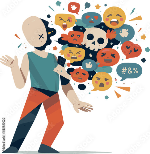 Abstract geometric human figure appears partially fragmented as emoji symbols overlap and obscure body representing breakdown of