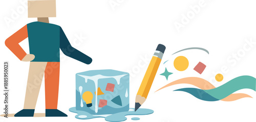 Geometric Creative Balance. Calm abstract geometric human figure stands beside single unfrozen tool reframing digital creativity