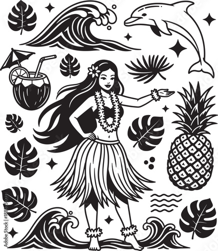 Hawaiian luau scene illustration with a hula dancer, waves, dolphin, pineapple, cocktail, and tropical leaves, capturing island vibes.