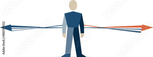 Abstract geometric human figure stands beside elongated stretched cables pulling in opposite directions expressing internet speed