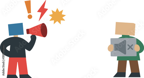 Second abstract geometric figure appears holding one muted icon as early attempt to reduce digital marketing overload emerges