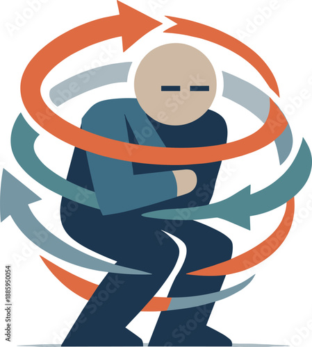 Geometric Feedback Loop. Single abstract geometric human figure becomes enclosed by tightening circular arrows conveying rising