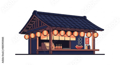 Flat Vector Illustration of a Traditional Japanese Ramen Stall at Night with Glowing Lantern