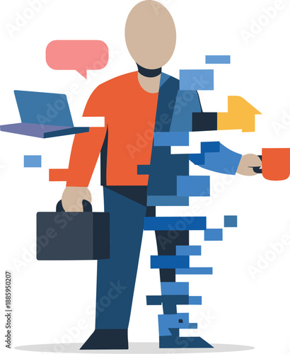 Geometric Virtual Reality Overlap. Abstract geometric human figure appears partially fragmented as virtual and physical shapes