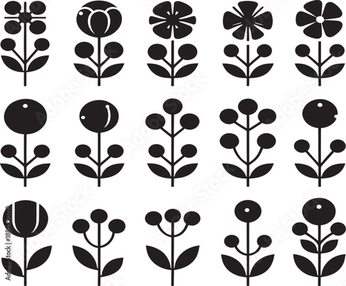 Set of 15 stylized black and white folk art flowers and plants, simple and graphic, perfect for decorative design elements.