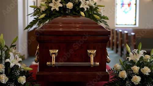 Wooden coffin adorned with flowers inside church
