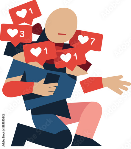 Abstract geometric human figure appears partially fragmented as floating hearts overlap and obscure body representing emotional