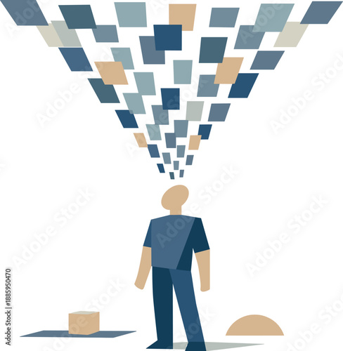 Abstract geometric human figure stands beneath cascading data blocks funneling inward expressing artificial intelligence data