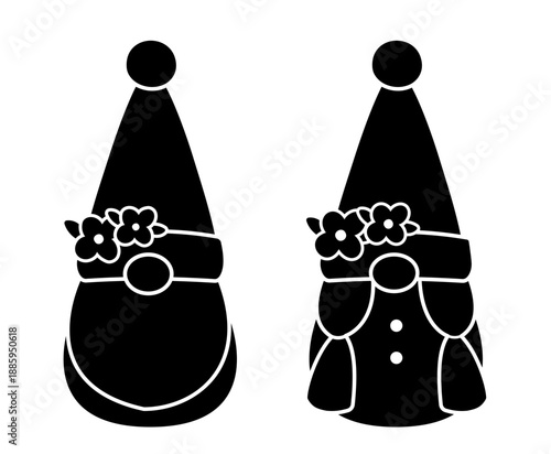 Cute Springtime gnome characters and flowers  black silhouette design set.
Transparent background. SVG.