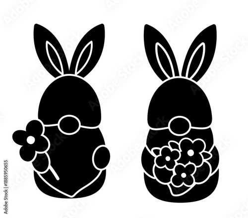 Cute Springtime gnome characters and flowers  black silhouette design set.
Transparent background. SVG.