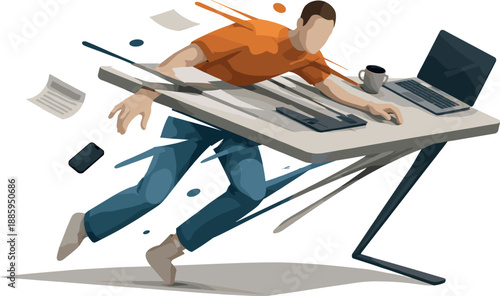Abstract geometric human figure appears partially fragmented as desk surface distorts and pulls body representing cognitive and