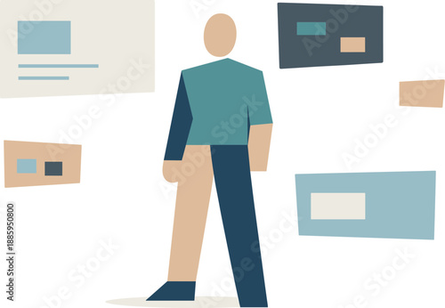 Geometric Human in Fragments. Abstract geometric human figure stands among separated floating panels symbolizing digital workspace