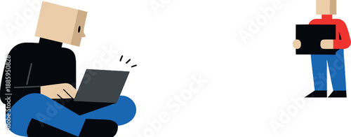 Second abstract geometric figure stands farther away holding simple grounded shape as contrast emerges within online dependency