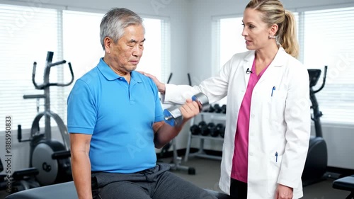 Physical therapist guides patient lifting dumbbell during rehabilitation exercise