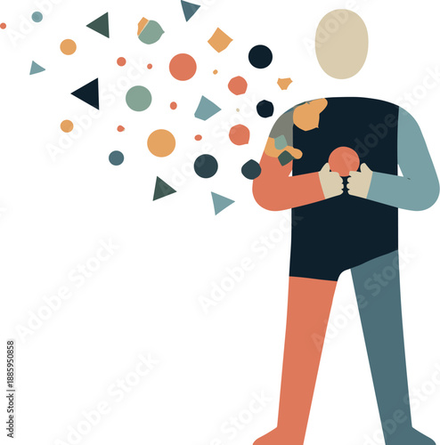 Abstract geometric figure releases scattered shapes leaving only one centered form representing conscious reduction during