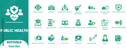 Public Health Community Medical Healthcare Wellness Vector Icon Set

