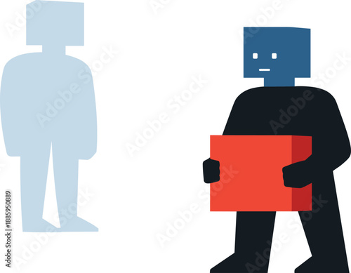 Second abstract geometric figure stands more solid nearby holding simple grounded shape while first remains faint showing early