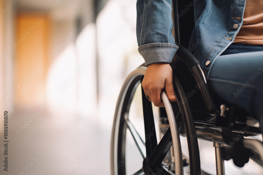 Obraz premium Youthful Wheelchair Movement, Young Individual Navigates Corridor Independently With Purpose, Young Person In Casual Attire Advances Wheelchair Along Corridor Demonstrating Independence And Resolve