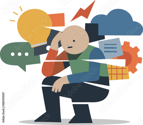 Single abstract geometric figure is visually fragmented by overlapping idea blocks suggesting cognitive strain caused by