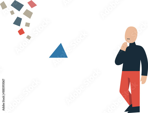 Abstract geometric figure allows most blocks to fall away leaving only one selected shape reflecting reframing during digital