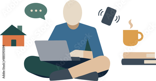 Abstract Remote Work Chaos. Abstract geometric human figure sits among floating household and work blocks symbolizing remote work