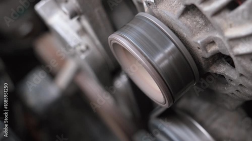 Rotation of the alternator pulley of the car engine at high speed, illustrating the mechanical power and operation of the car charging system during the rotation of the engine