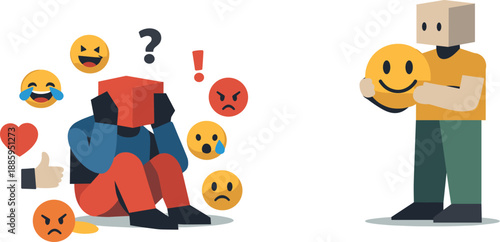 Second abstract geometric figure appears holding a single stable emoji symbol while first remains surrounded, showing early