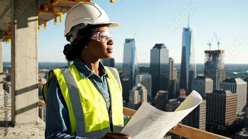 construction worker holding blueprints on site with city skyline in background