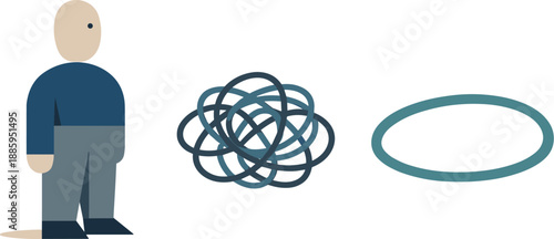 Calm abstract geometric figure stands beside loosened simplified loop in wide white space reframing digital dependency