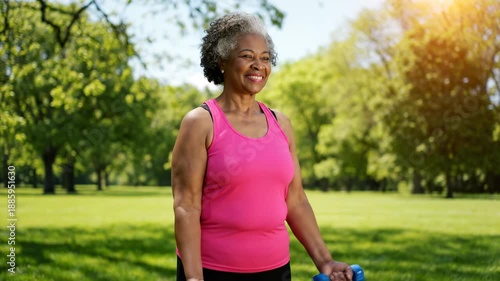 Woman exercises with dumbbells in park