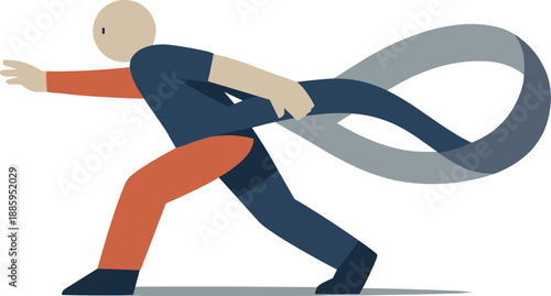 Single abstract geometric human figure pulled back by re-forming loop despite forward motion revealing tension and relapse in