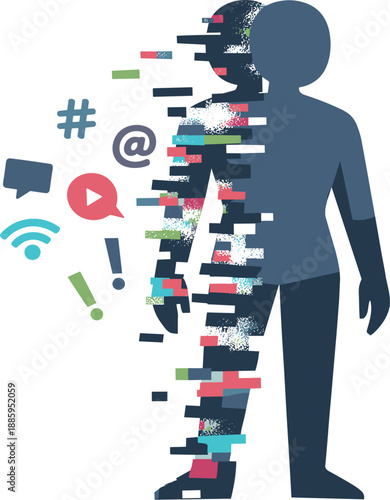 Geometric Clarity Transformation. Abstract geometric human figure partially sheds noisy signal shapes becoming simplified