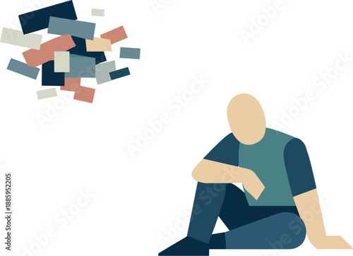 Abstract geometric human figure surrounded by fractured floating blocks disrupting attention suggesting digital overload breaking