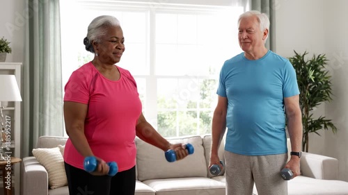 Elderly couple exercising with dumbbells