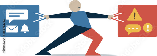 Single abstract geometric human figure pulled in opposing directions by competing message blocks revealing tension and