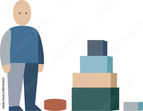 Calm abstract geometric human figure stands beside few fully ordered symbolic blocks in wide white space reframing reasoning