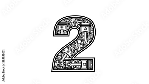 Number 2 Made of Mechanical Engine Parts Gears Pistons.