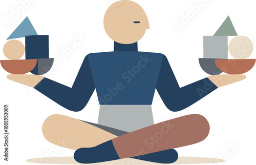 Geometric Balance Figure. Single abstract geometric human figure aligns opposing clusters into symmetrical arrangement revealing