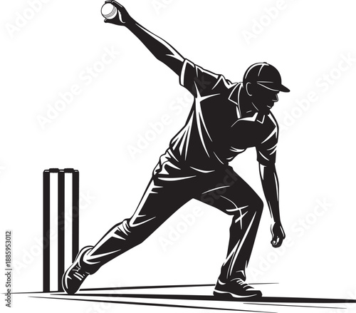 Silhouette of a cricket bowler in action preparing to deliver the ball towards the wickets