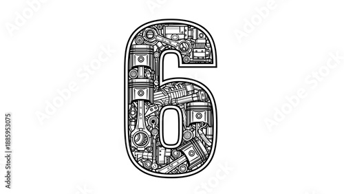 Number 6 Engine Parts Mechanical Design Industrial Font.
