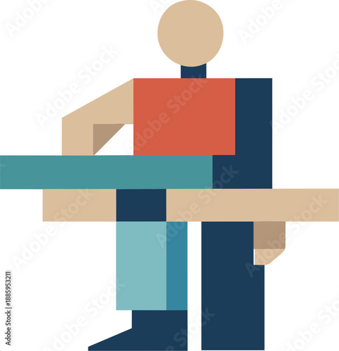 Abstract geometric human figure partially integrates with aligned blocks becoming simplified structured form suggesting